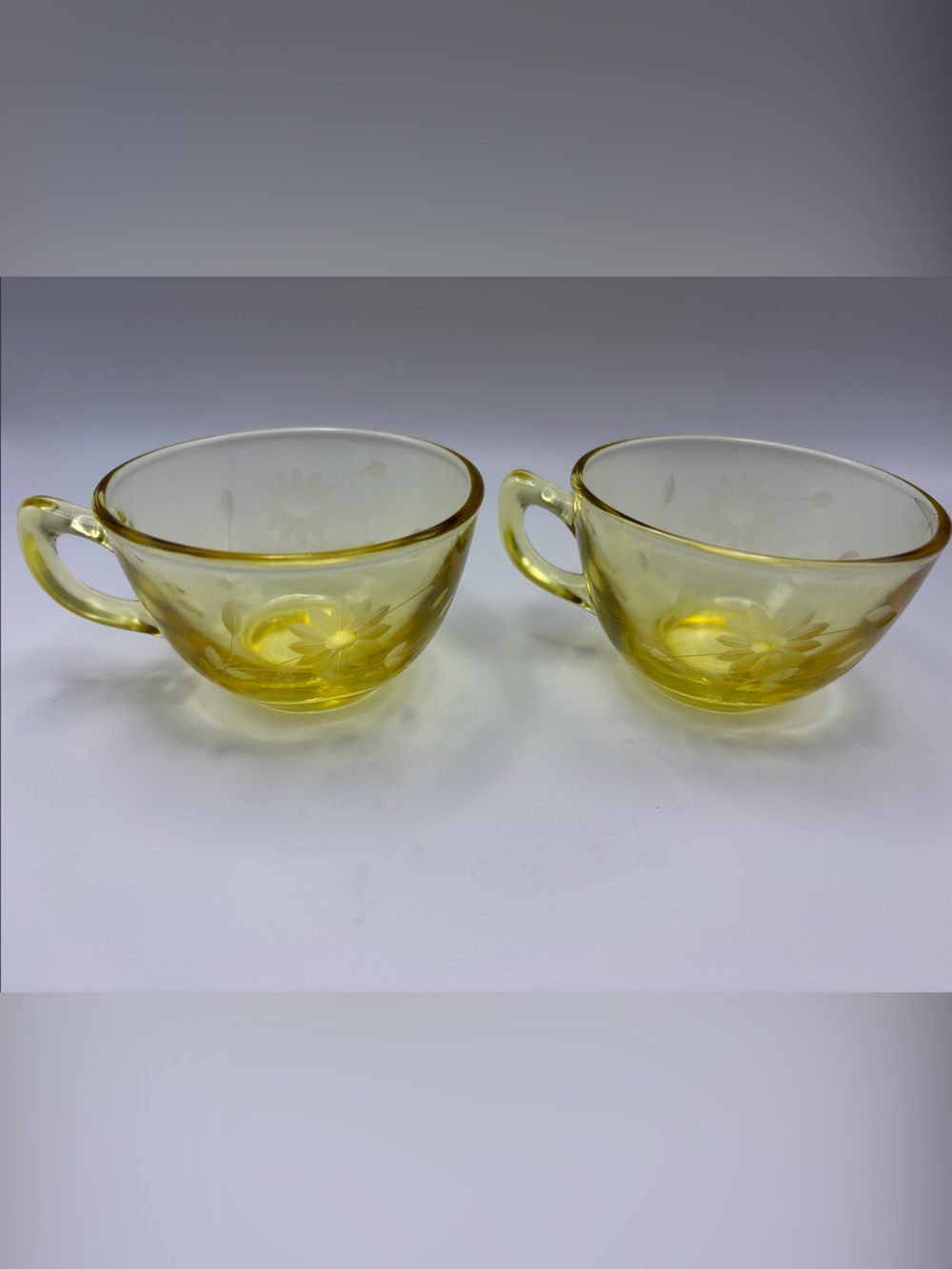 Vintage Lancaster Jubilee Yellow Depression Glass Etched Floral set of 2 Cups
